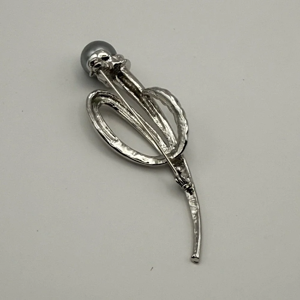 Vintage Silver Tone Abstract Brooch Grey Faux Pearl Crystal Accent Pin 3 Inch